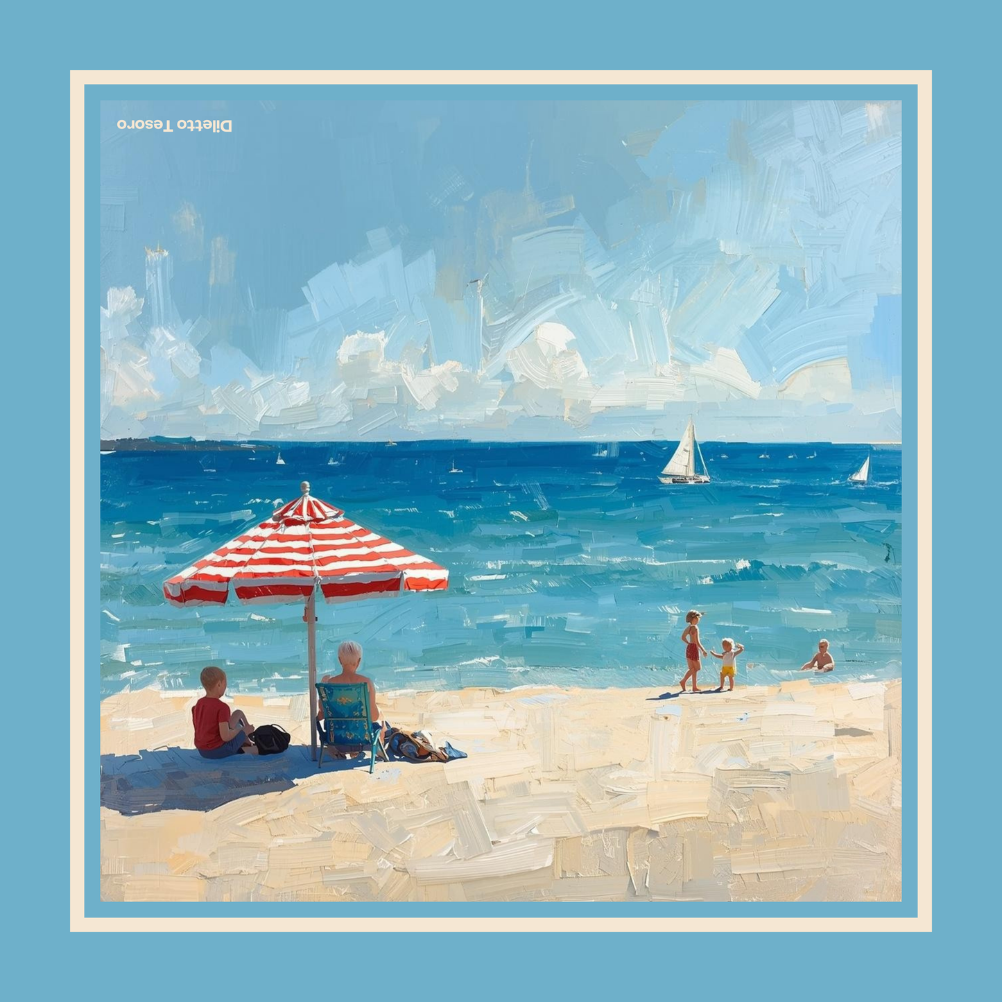 Beach Day Scarf - blues and creams 90x90cm